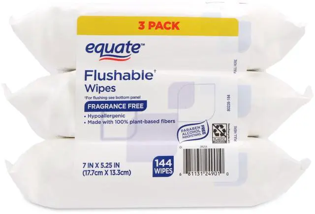 Main image of FragranceFree Flushable Wet Wipes, Hypoallergenic PlantFiber Wipes, 3Pack, 144 Total Wipes