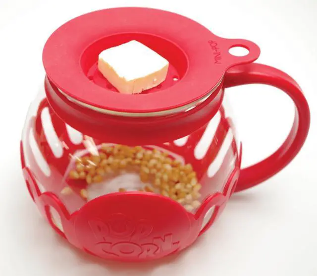 Alt view image 3 of 6 - 1.5 Qt Borosilicate Glass Microwave Popcorn Maker, Red, MicroPop With DualFunction Lid
