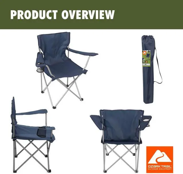 Alt view image 2 of 6 - QuadFolding Outdoor Camp Chair with Cup Holder, Dark Blue, 250 Lb Weight Capacity