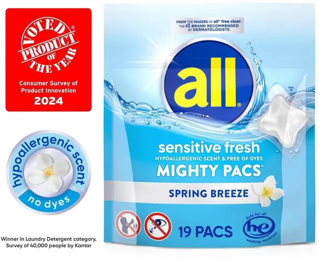 Main image of Sensitive Fresh MIGHTY PACS Laundry Detergent Pods, Spring Breeze Scent,19Count, Hypoallergenic DyeFree