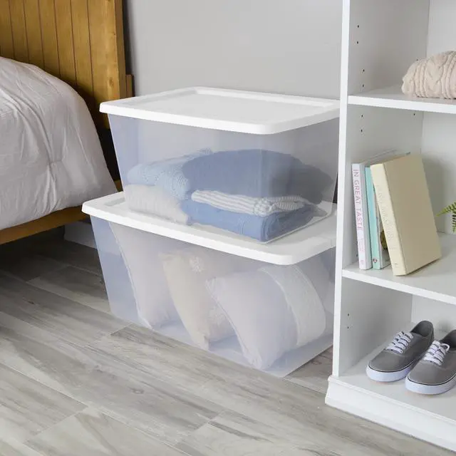 Alt view image 7 of 7 - 58Quart Clear Plastic Storage Bin with White SnapOn Lid, Stackable Organizer Container