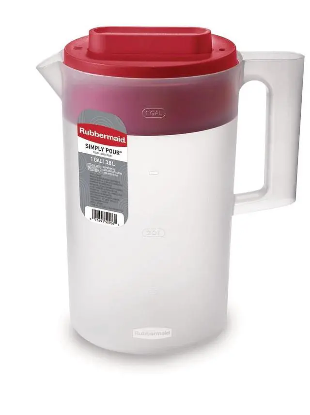 Main image of Rubbermaid SimplyPour 1Gallon Plastic Beverage Pitcher, Clear with Red Lid