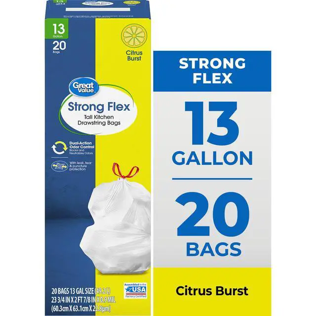 Alt view image 3 of 5 - Great Value StrongFlex 13Gallon Drawstring Kitchen Trash Bags, Citrus Burst Scent, 20Count