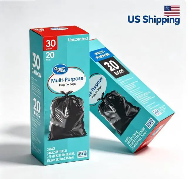 Main image of Great Value 30Gallon FlapTie Black Trash Bags, Large HeavyDuty Garbage Bags, 20 Count