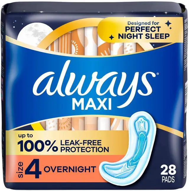 Main image of Always Maxi Pads Without Wings, Size 4 Overnight Absorbency, 28Count Sanitary Pads