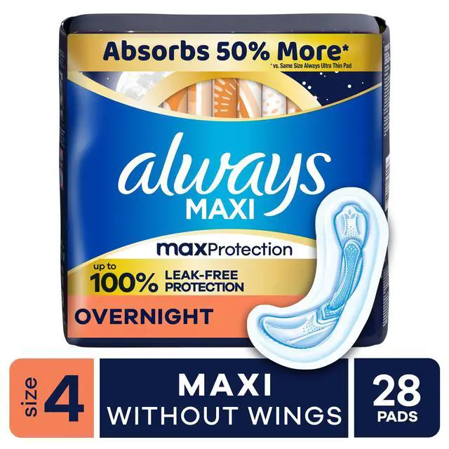 Alt view image 3 of 6 - Always Maxi Pads Without Wings, Size 4 Overnight Absorbency, 28Count Sanitary Pads
