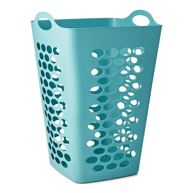 Alt view image 2 of 6 - Ventilated Flexible Plastic Laundry Basket, 2Bushel Square Hamper with Handles, Teal