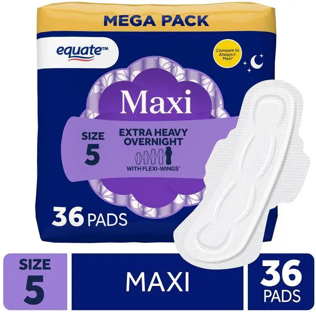 Main image of Equate Overnight Maxi Pads with FlexiWings, Extra Heavy Absorbency, Size 5, 36 Count