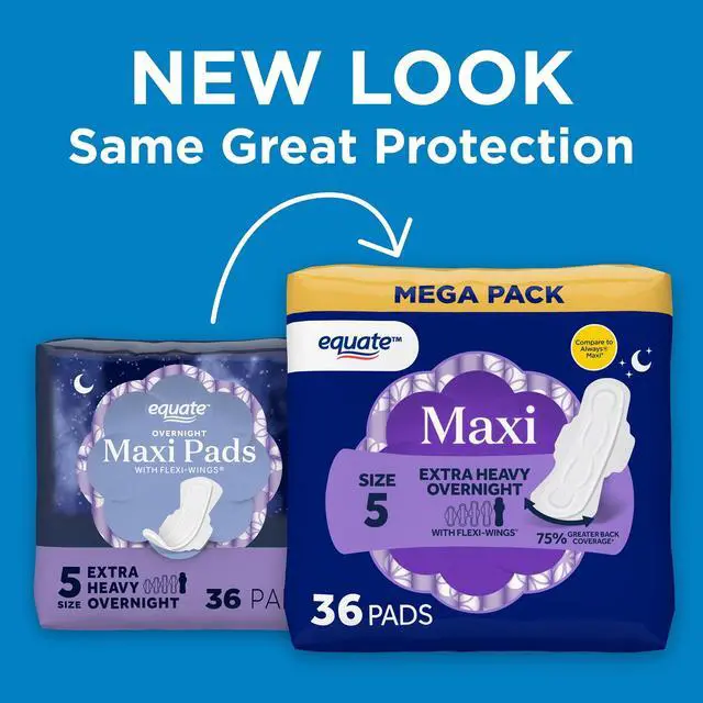 Alt view image 2 of 7 - Equate Overnight Maxi Pads with FlexiWings, Extra Heavy Absorbency, Size 5, 36 Count