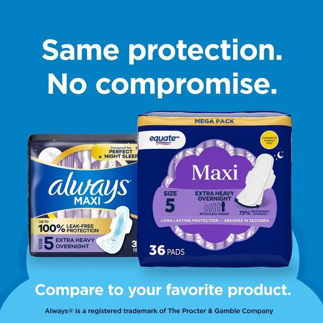 Alt view image 3 of 7 - Equate Overnight Maxi Pads with FlexiWings, Extra Heavy Absorbency, Size 5, 36 Count