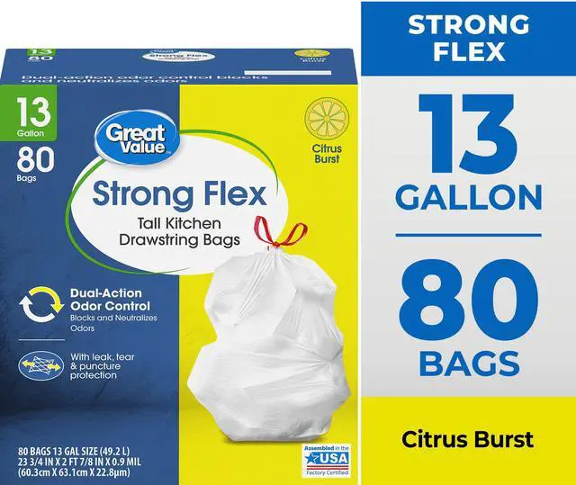 Main image of Great Value Strong Flex 13Gallon Drawstring Kitchen Trash Bags, Citrus Burst Scent, 80 Count