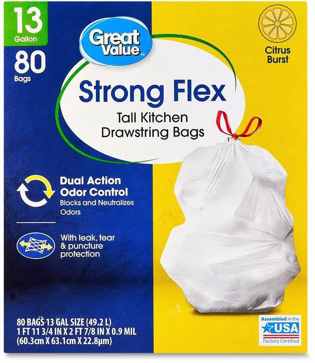 Alt view image 5 of 6 - Great Value Strong Flex 13Gallon Drawstring Kitchen Trash Bags, Citrus Burst Scent, 80 Count