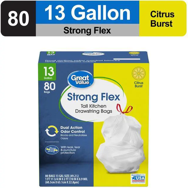 Alt view image 2 of 6 - Great Value Strong Flex 13Gallon Drawstring Kitchen Trash Bags, Citrus Burst Scent, 80 Count
