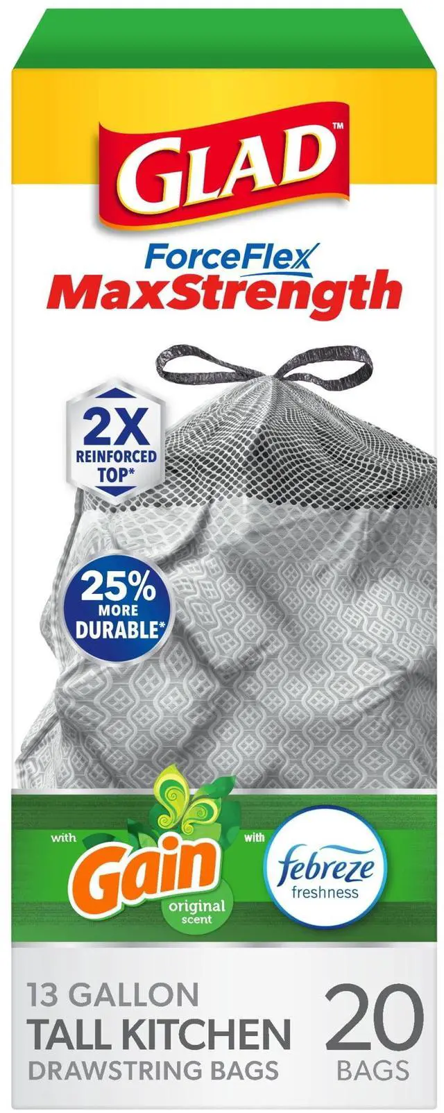 Main image of Glad ForceFlex MaxStrength 13Gallon Drawstring Trash Bags, Gain Original Scent, 20 Count