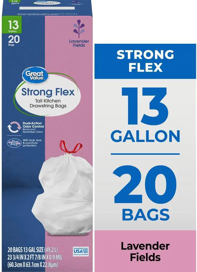 Alt view image 2 of 6 - Great Value Strong Flex 13Gallon Drawstring Kitchen Trash Bags, Lavender Fields Scent, 20 Count