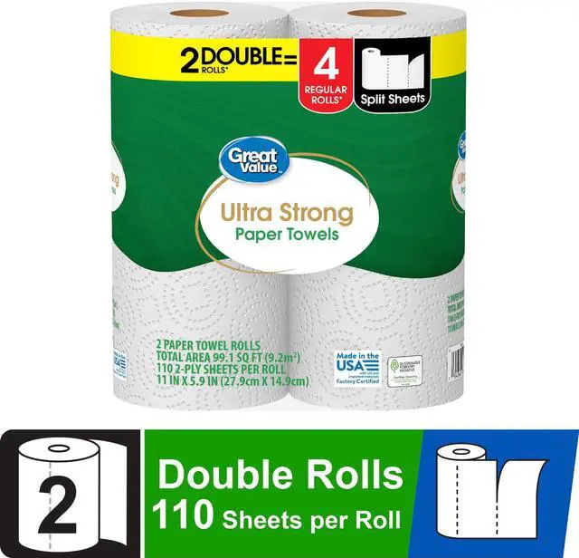 Main image of Great Value UltraStrong White Paper Towels, 2 Double Rolls, PickASize 2Ply Sheets