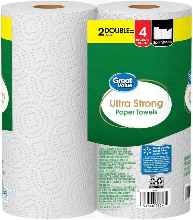 Alt view image 2 of 6 - Great Value UltraStrong White Paper Towels, 2 Double Rolls, PickASize 2Ply Sheets