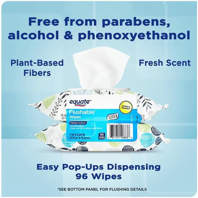 Alt view image 4 of 5 - Equate Hypoallergenic Flushable Wet Wipes, Fresh Scent, 96 Wipes, 2 Pack