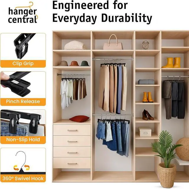 Alt view image 6 of 7 - Hanger Central 10 Pack Black Plastic Pants Hangers with Clips 12 inch