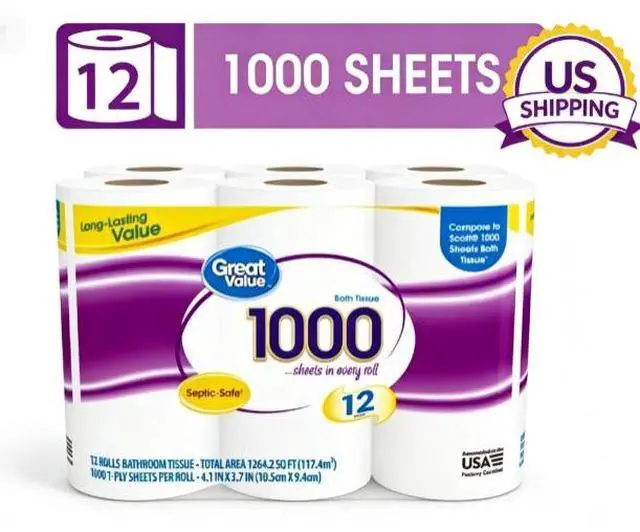 Main image of Great Value Toilet Paper, 1000 Sheets per Roll, 12 Rolls
