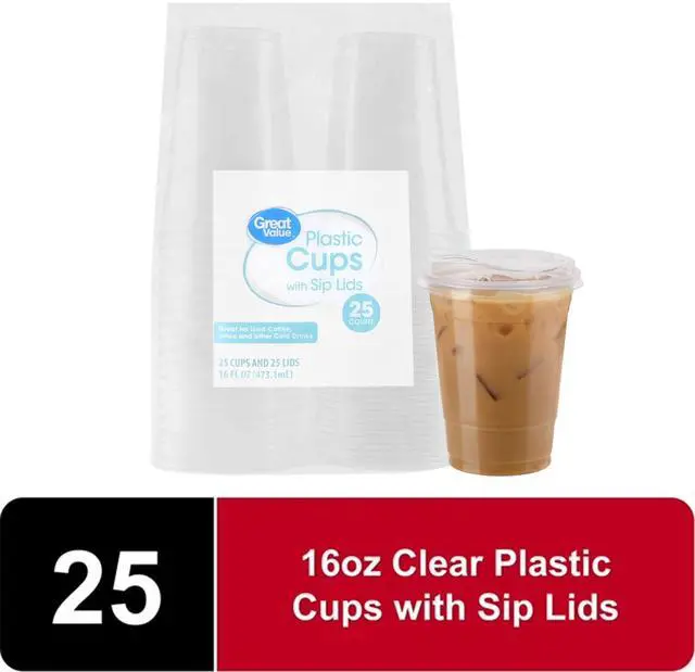 Main image of Great Value Disposable Plastic Cups and Lids, Clear, 16 oz, 25 Count, (Cup and Lid Combo)