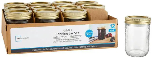 Main image of Mainstays 8 oz Regular Mouth Half Pint Mason Canning Jars with Lids and Bands, 12 Pack