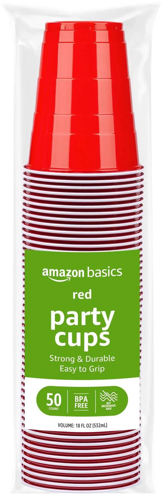 Main image of Amazon Basics Disposable Plastic Party Cups for Cold Drinks, Red, 18oz, 50 Count, BPA-Free