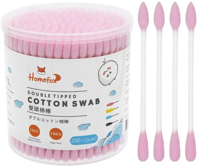 Main image of Pink Precision Pointed Cotton Swabs - 200 Count Double Side Organic Cotton Tightly Wrapped Paper Stick Lint-Free Cruelty-Free Pointy & Round