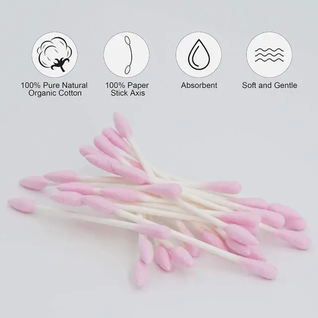 Alt view image 5 of 7 - Pink Precision Pointed Cotton Swabs - 200 Count Double Side Organic Cotton Tightly Wrapped Paper Stick Lint-Free Cruelty-Free Pointy & Round