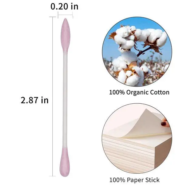 Alt view image 4 of 7 - Pink Precision Pointed Cotton Swabs - 200 Count Double Side Organic Cotton Tightly Wrapped Paper Stick Lint-Free Cruelty-Free Pointy & Round