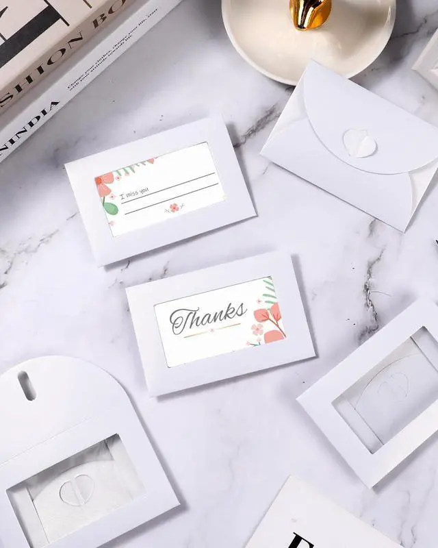 Alt view image 7 of 7 - EORTA 50Pcs Mini Envelopes with View Window, Tiny Kraft Paper Card Holders, Heart Clasp Closure, 4.13 x 2.76in, White for Wedding, Business Invitations, Greeting Cards