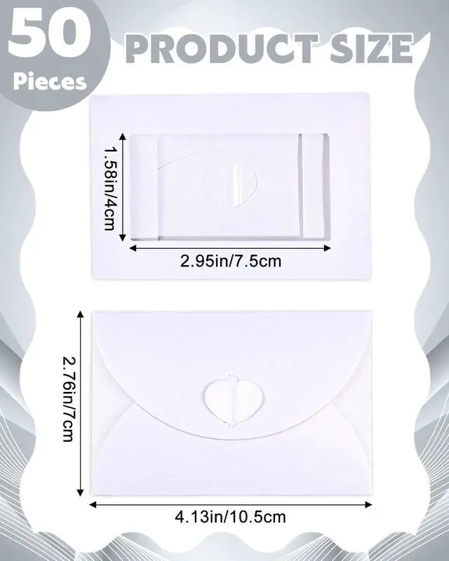 Alt view image 5 of 7 - EORTA 50Pcs Mini Envelopes with View Window, Tiny Kraft Paper Card Holders, Heart Clasp Closure, 4.13 x 2.76in, White for Wedding, Business Invitations, Greeting Cards