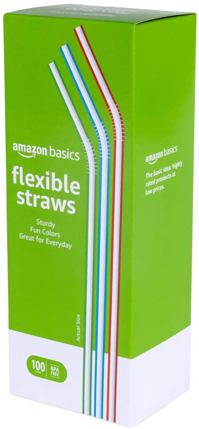 Main image of Amazon Basics Disposable Striped Plastic Flex Straws, 7.5"Long, Assorted Colors, 100 Count, BPA Free, Food-Safe