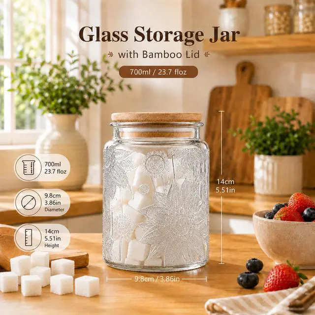 Alt view image 3 of 6 - Custde Vintage Glass Jars With Lids, 23.7oz Airtight Food Storage Containers for Sugar Coffee Tea Spice Flour Candy Cookie Pasta Cereal, Decorative Jar (Sunflower*1)