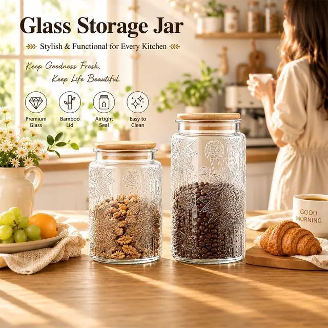 Alt view image 5 of 6 - Custde Vintage Glass Jars With Lids, 23.7oz Airtight Food Storage Containers for Sugar Coffee Tea Spice Flour Candy Cookie Pasta Cereal, Decorative Jar (Sunflower*1)