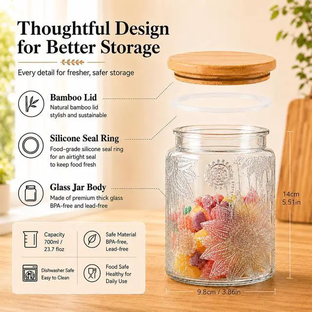 Alt view image 2 of 6 - Custde Vintage Glass Jars With Lids, 23.7oz Airtight Food Storage Containers for Sugar Coffee Tea Spice Flour Candy Cookie Pasta Cereal, Decorative Jar (Sunflower*1)