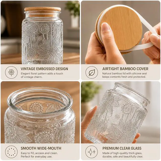 Alt view image 4 of 6 - Custde Vintage Glass Jars With Lids, 23.7oz Airtight Food Storage Containers for Sugar Coffee Tea Spice Flour Candy Cookie Pasta Cereal, Decorative Jar (Sunflower*1)