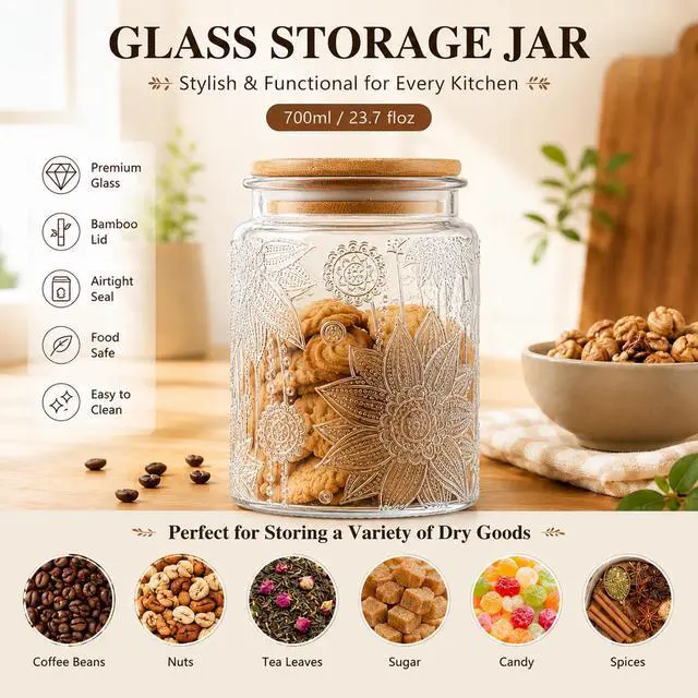 Alt view image 6 of 6 - Custde Vintage Glass Jars With Lids, 23.7oz Airtight Food Storage Containers for Sugar Coffee Tea Spice Flour Candy Cookie Pasta Cereal, Decorative Jar (Sunflower*1)