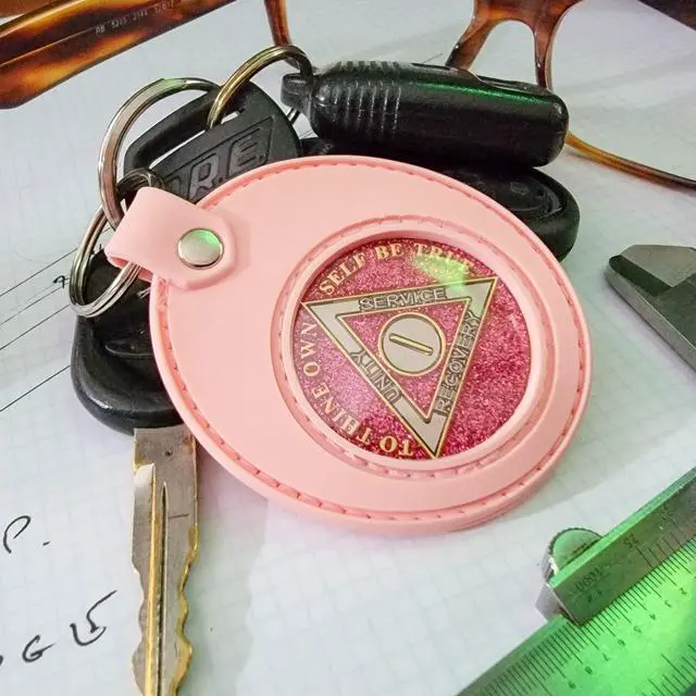 Alt view image 6 of 6 - Pink AA Coin Holder Keychain for Sobriety Chip Medallions and Recovery Tokens