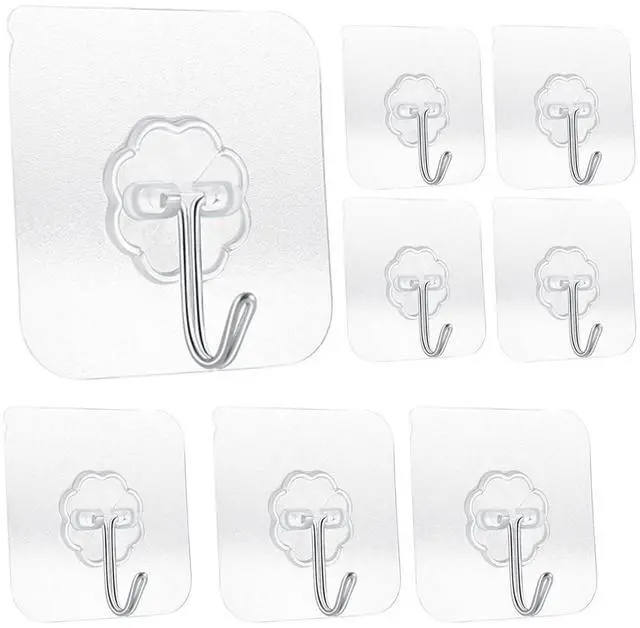 Main image of Adhesive Hooks, Heavy Duty, 33 lb (Max) 15KG, Waterproof, Oilproof, Reusable, Seamless, Transparent Small 8 Pcs, for Kitchen Bathroom Office