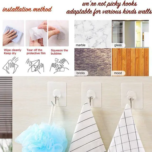 Alt view image 6 of 7 - Adhesive Hooks, Heavy Duty, 33 lb (Max) 15KG, Waterproof, Oilproof, Reusable, Seamless, Transparent Small 8 Pcs, for Kitchen Bathroom Office