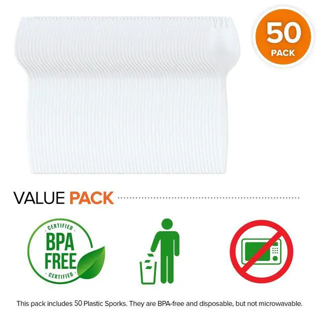 Alt view image 6 of 7 - Disposable White Plastic Sporks 50 Pack, BPA Free Heavy Weight 2 in 1 Fork Spoon, for School Lunch, Picnics, Catering, Restaurants, Birthday Parties, Stock Your Home