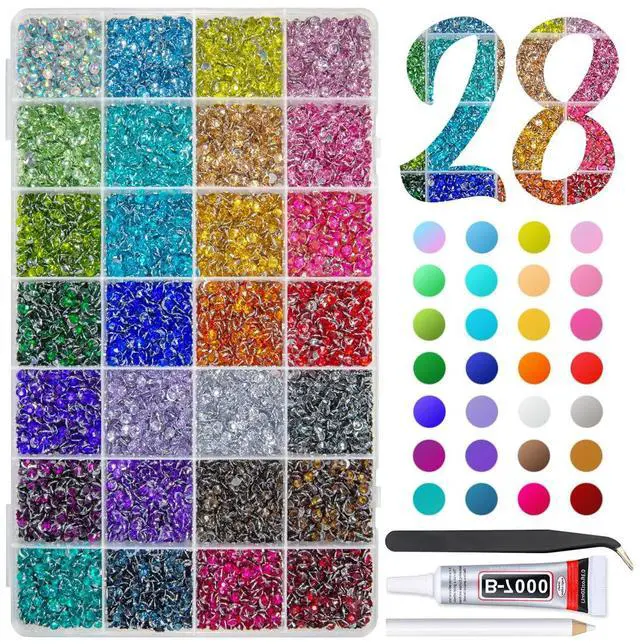 Main image of Qiipii 28 Color 4mm Crystal Resin Rhinestones with B7000 Glue SS16 Flatback Bedaazler Kit for Nails, Eyes, Face, Makeup, Tumblers, Bottles, Crafts