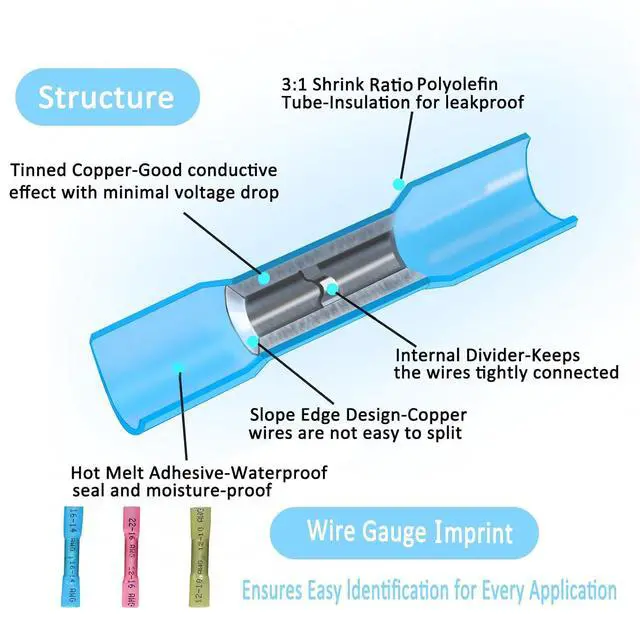 Alt view image 6 of 6 - 50 Pcs Heat Shrink Butt Connectors Kit, Waterproof Insulated Marine Automotive Crimp Terminals, for Marine Automotive Motorcycle Truck Electrical