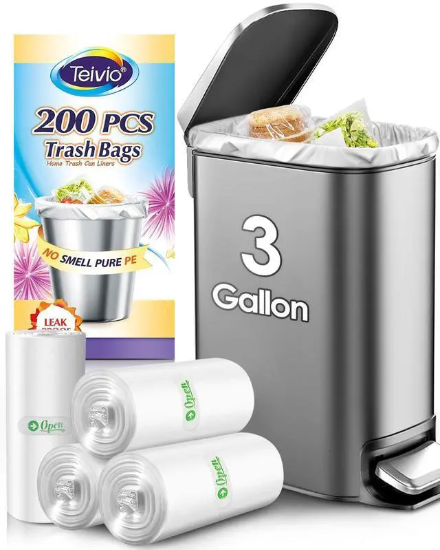 Main image of Teivio 3Gallon 200Count Small Clear Trash Bags Bathroom Garbage Bags
