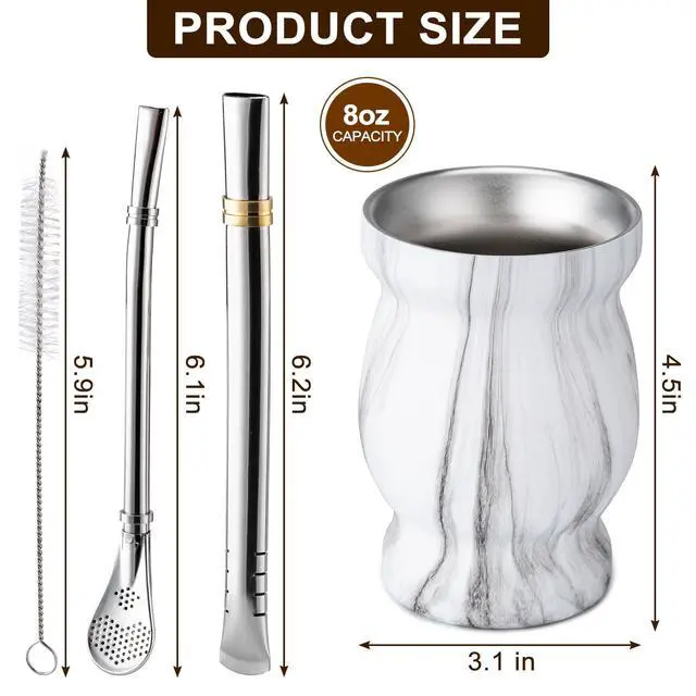 Alt view image 2 of 6 - Husfunov 8oz Double-Wall 304 Stainless Steel Yerba Mate Cup