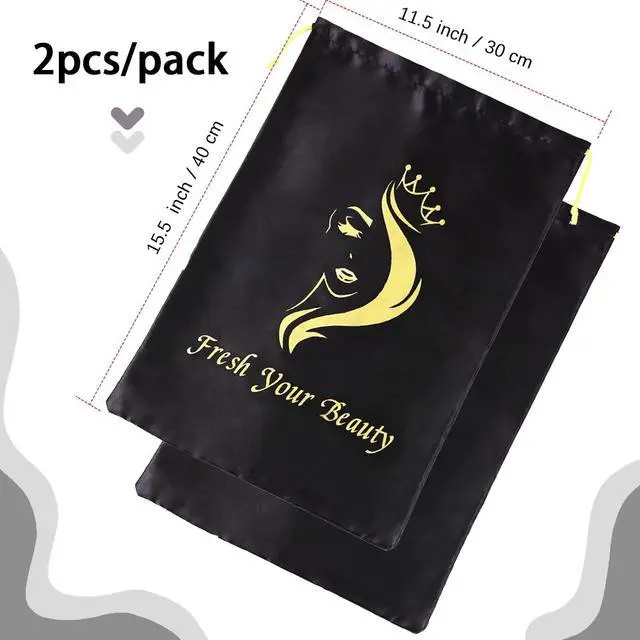 Alt view image 3 of 6 - 2PCS Satin Drawstring Storage Pouches for Hair Pieces, Extensions, Bundles, Styling Tools (Black)