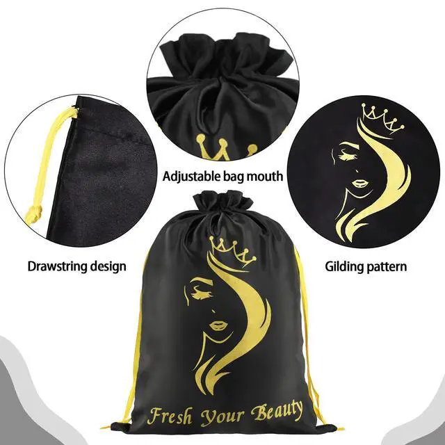 Alt view image 4 of 6 - 2PCS Satin Drawstring Storage Pouches for Hair Pieces, Extensions, Bundles, Styling Tools (Black)