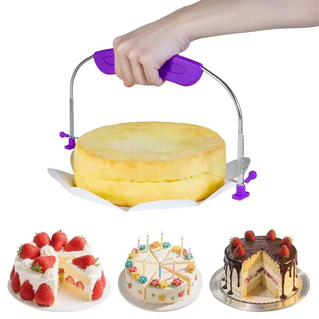 Alt view image 2 of 6 - Adjustable Cake Cutter Slicer Leveler, 9 Different Heights, Premium Food Grade Stainless Steel Double Wires, for Leveling and Molding, Purple