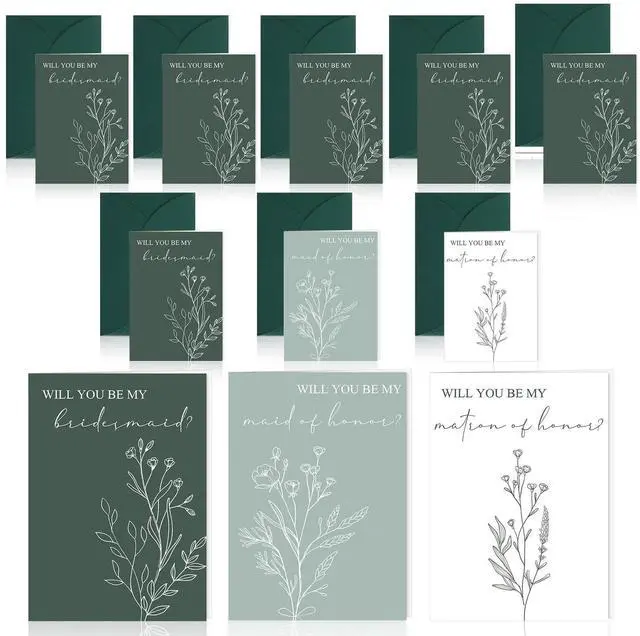 Main image of Spakon 16 Pcs Bridesmaid Proposal Cards with Envelopes, Leaves, Flowers